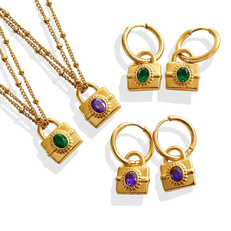 New Zircon Double Layer Stainless Steel Pendant Necklace Cube 18k Pvd Coated Fashion Waterproof Non-fading Jewelry Necklace Set