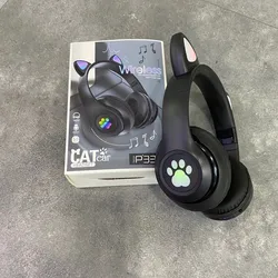 P33M Colorful Glowing Cute Cat Ear Headphones Blue tooth 5.0 Bass Noise Cancelling Headset Support TF Card Headset With Mic