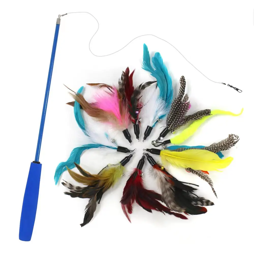9 Piece Set Three Sections Fishing Rod Colorful Feather Caterpillar Cat-teasing Stick cat toys