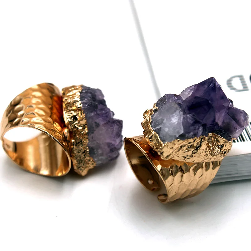 Wholesale natural purple amethyst quartz ring irregular crystal cluster charm drusy stone gold plate adjustable finger ring