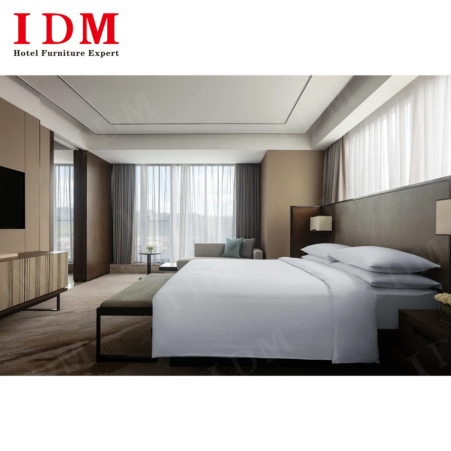 Modern deluxe commercial luxurious hotel bedroom furniture set with pillow sleeping double bed for hotel room furniture