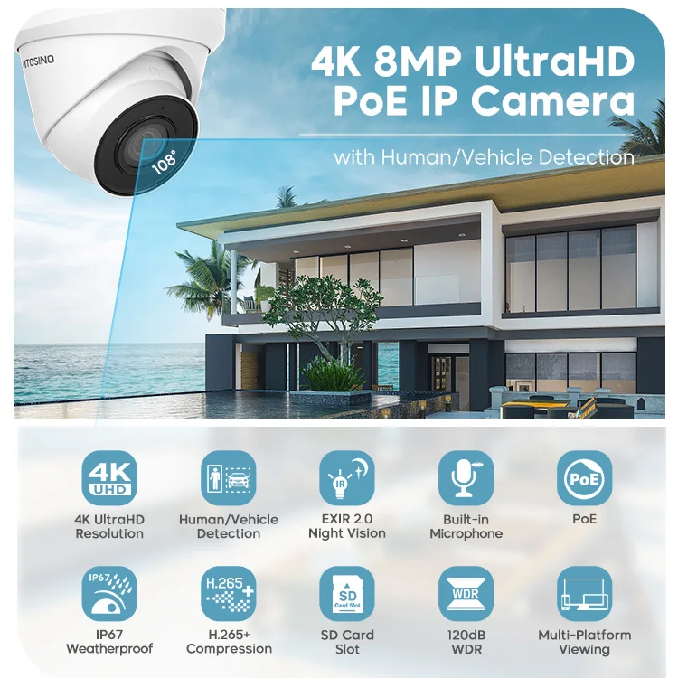 HITOSINO OEM HIKVISON DS-2CD1383G0-IUF 5MP 8MP 4K Built-in Mic Night Vision Motion Detection Turret IP Camera