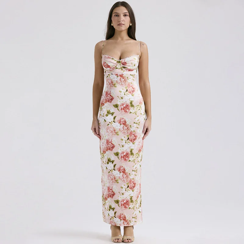 High Quality Elegant Vintage Long Dress Floral Printed Open Back V Neck Split New Fashion Sexy Evening Party Banquet Dress Bag