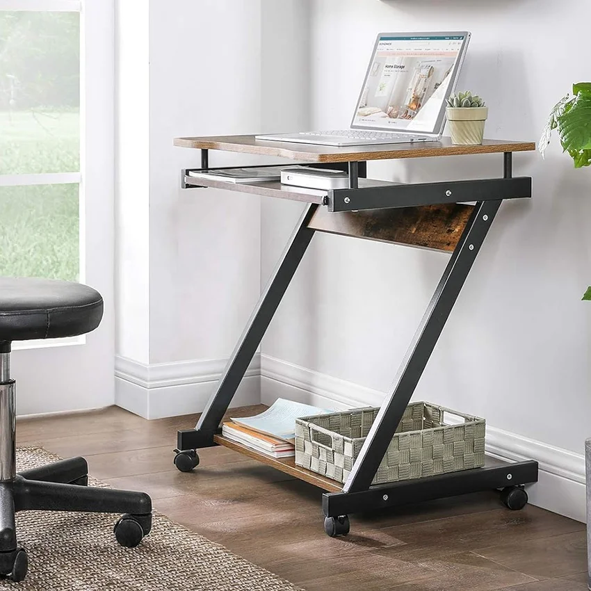 Modern Simple Design Portable Movable Trolley Workstation Home Office Z Shaped Metal Wooden 4 Wheels Computer Table