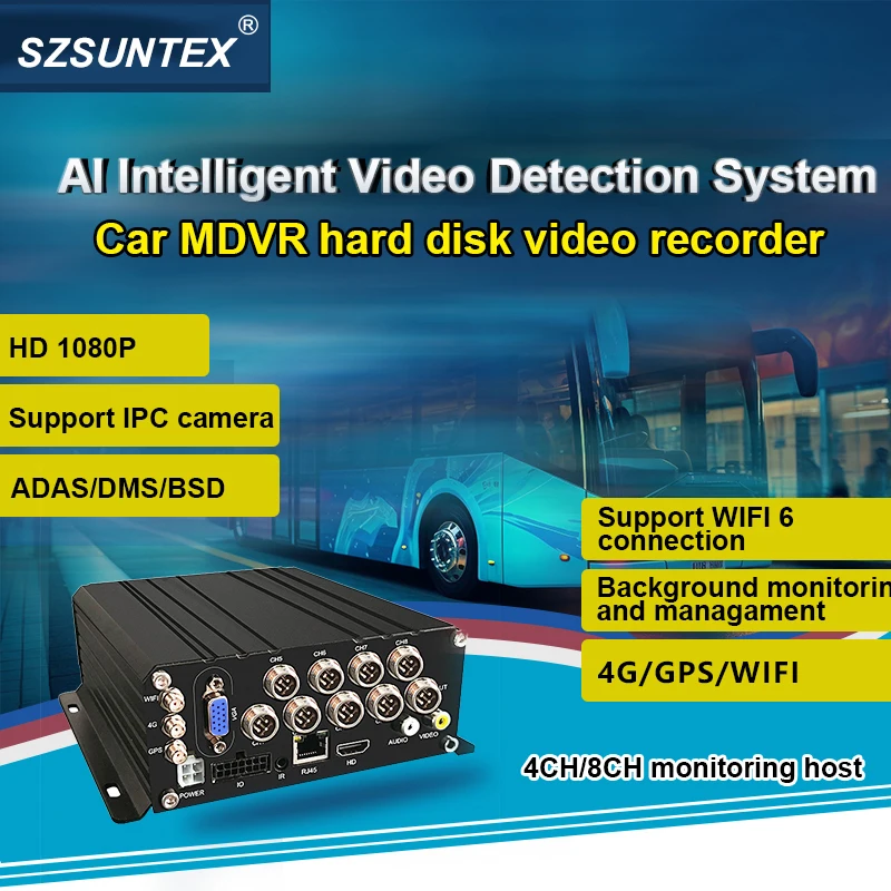 8-Channel 1080P Car DVR with GPS 4G Network AI ADAS DMS BSD Backup & Reverse Camera Black Box HDD-Black Color