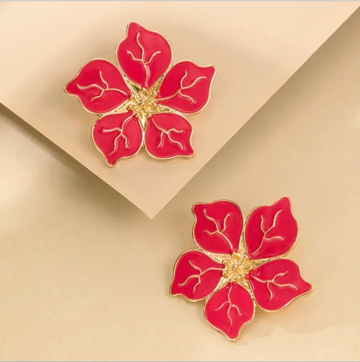  Vintage Peony Flower Stud Earring for Women Red Geometric Dripping Oil Metal Female Wedding Jewelry