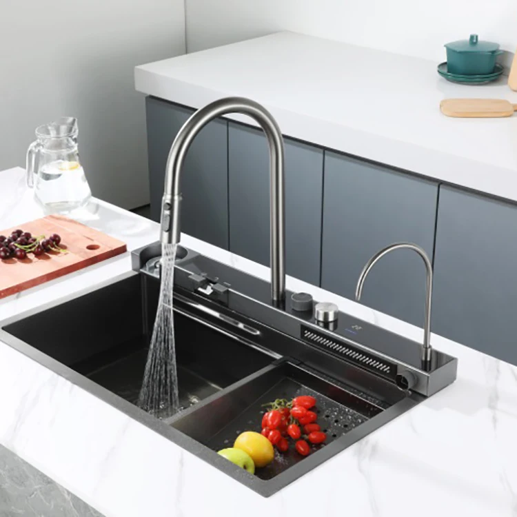 Stainless Steel Temperature Digital Display Pull Down Kitchen Faucet with Base Waterfall