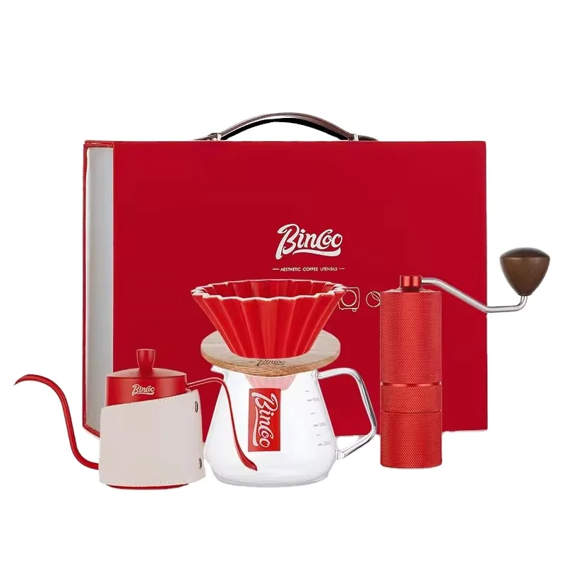 BINCOO Hand Pour Coffee Pot Set Manual Grinder Set for Outdoor Hand Pour Kettle Filter Cup Best Gift 6PCS