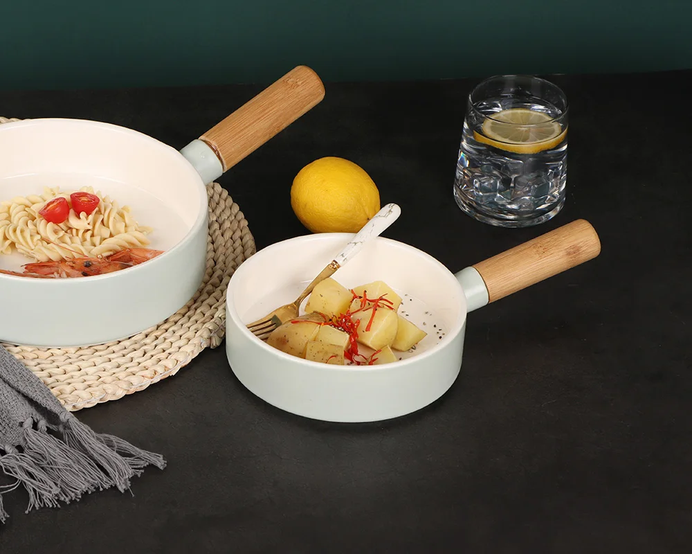 white blue pink round  fine bone china with wooden handle everyday use Food tray deep plate