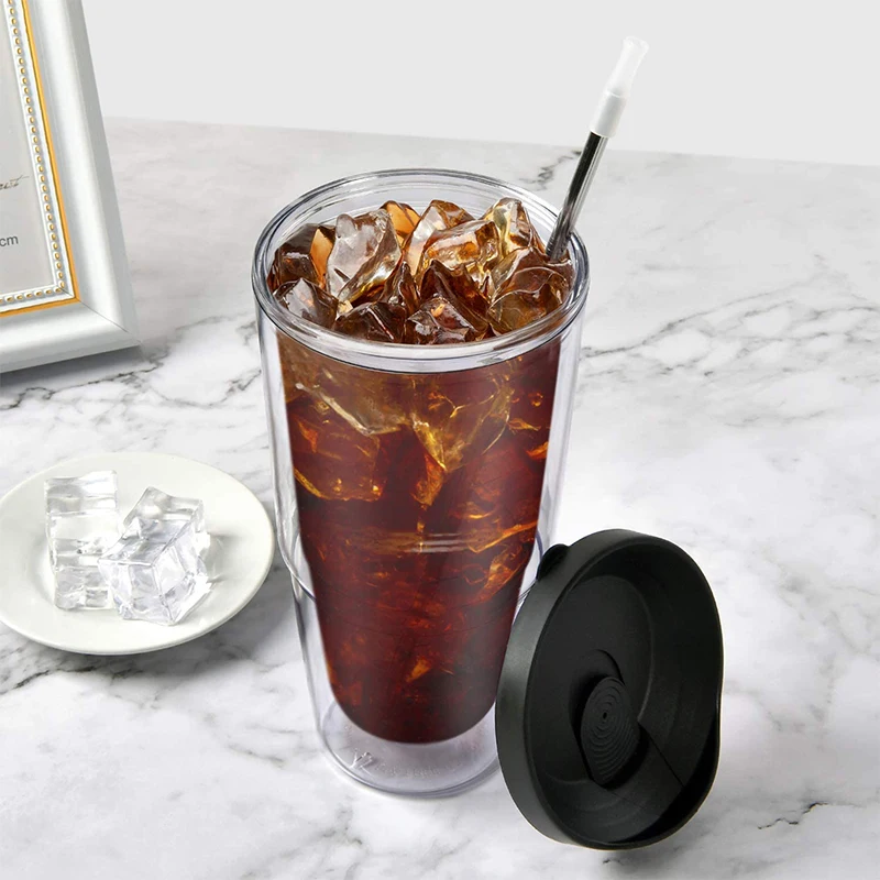 Прозрачные изолированные тумбы 24 унции, пластиковые стаканы с двойной стенкой и черной крышкой, большая емкость для горячих и холодных напитков