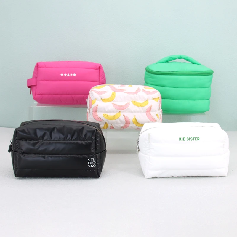 Custom Puffer Padded Quilted Nylon Black Cosmetic Makeup Make Up Toiletry Beauty Skincare Pouch Bag
