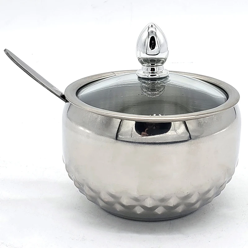 
Sugar Jar Glass Cover Three Flavor Flavoring Pot Coffee Companion Factory Direct Sale Stainless Steel Sugar Bowl Color Box Metal 
