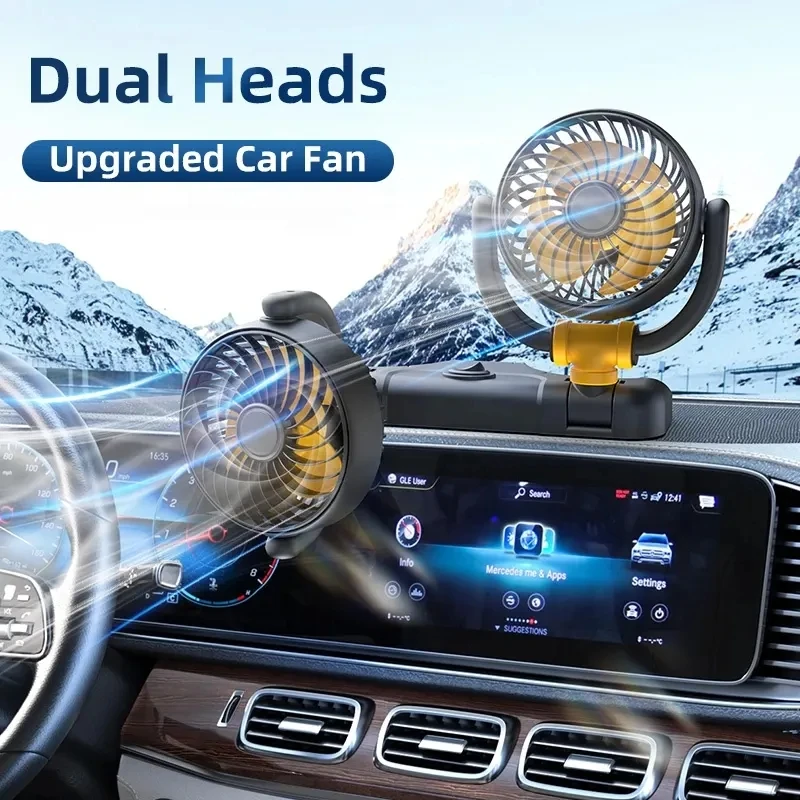 USB 2 Speeds Wind Double Head Fan 360 Angles Adjustable Cooling Fan For Car 5-24V Low Noise Powerful Wind For Car Or Home
