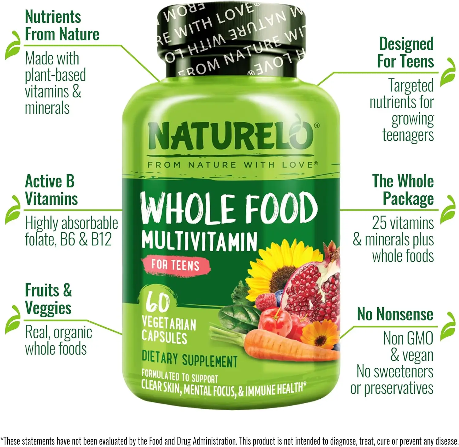 Поливитаминная пищевая добавка NATURELO 60 капсул для подростков органические цельные продукты не-GMO вегетарианские активные пластиковые бутылки