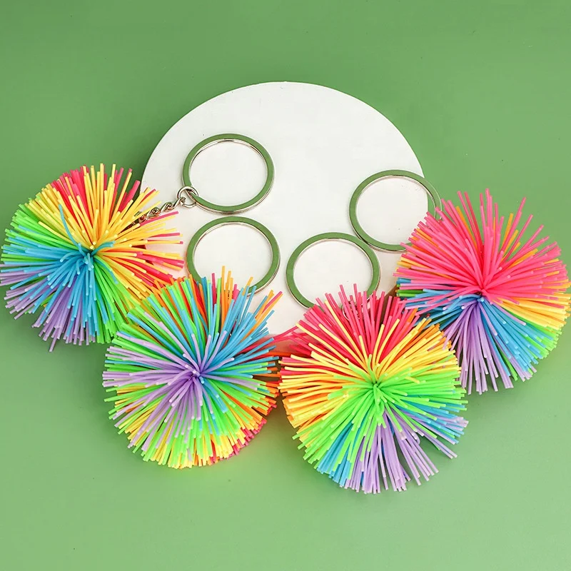 Keychain Koosh Ball Custom Stress Rubber String Ball Rainbow Color Monkey Stringy Balls Keychain Sensory Fidget Toys for Kids