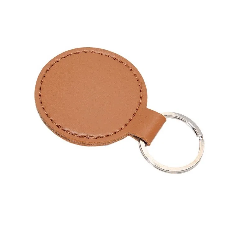 Leather accessories ladies gift circle leather key rings with logo custom round leather keychain