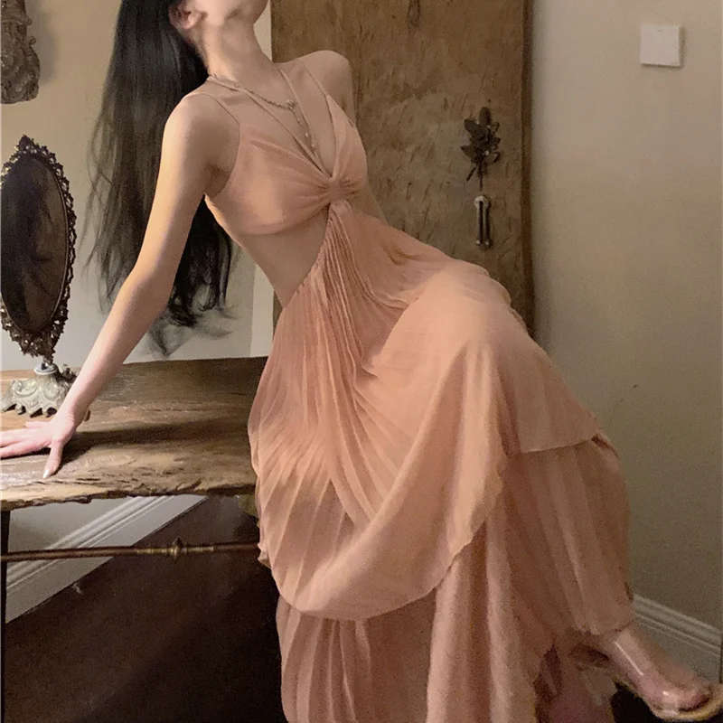 TAOP&ZA Dress Women 2024 Summer Sexy Hot Girl Hollow Design Slimming Temperament Suspender Long Dress 156