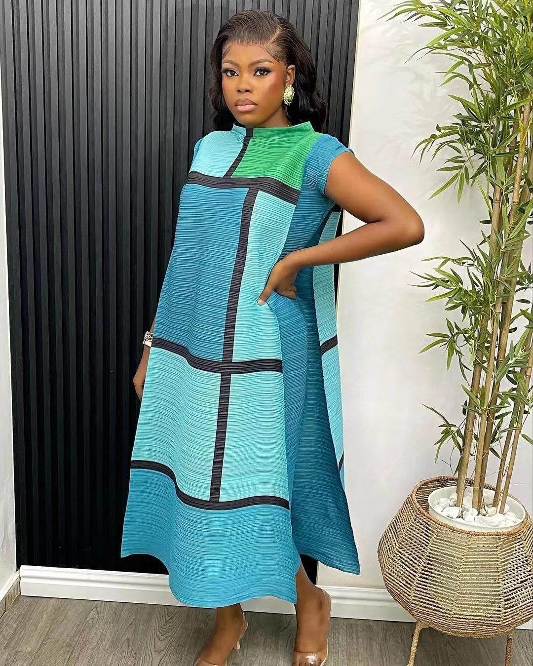 Hot Selling Summer Sleeveless Color Block Ladies Dresses Women Lady Elegant Pleated Indian Dress