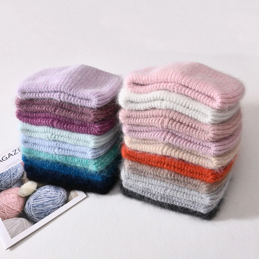 Hot Selling Skull Cap High Quality Plush Long Wool Knitted Hat Winter Thick Warm Fluffy Women Wholesale Cashmere Custom Beanie