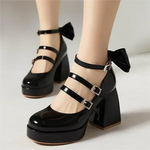 Zapatos de Mujer Size 46 Party Women 9 cm Sissy Lolita Lace Strap Bowknot Student Shoes Square Chunky Medium High Heel Pumps