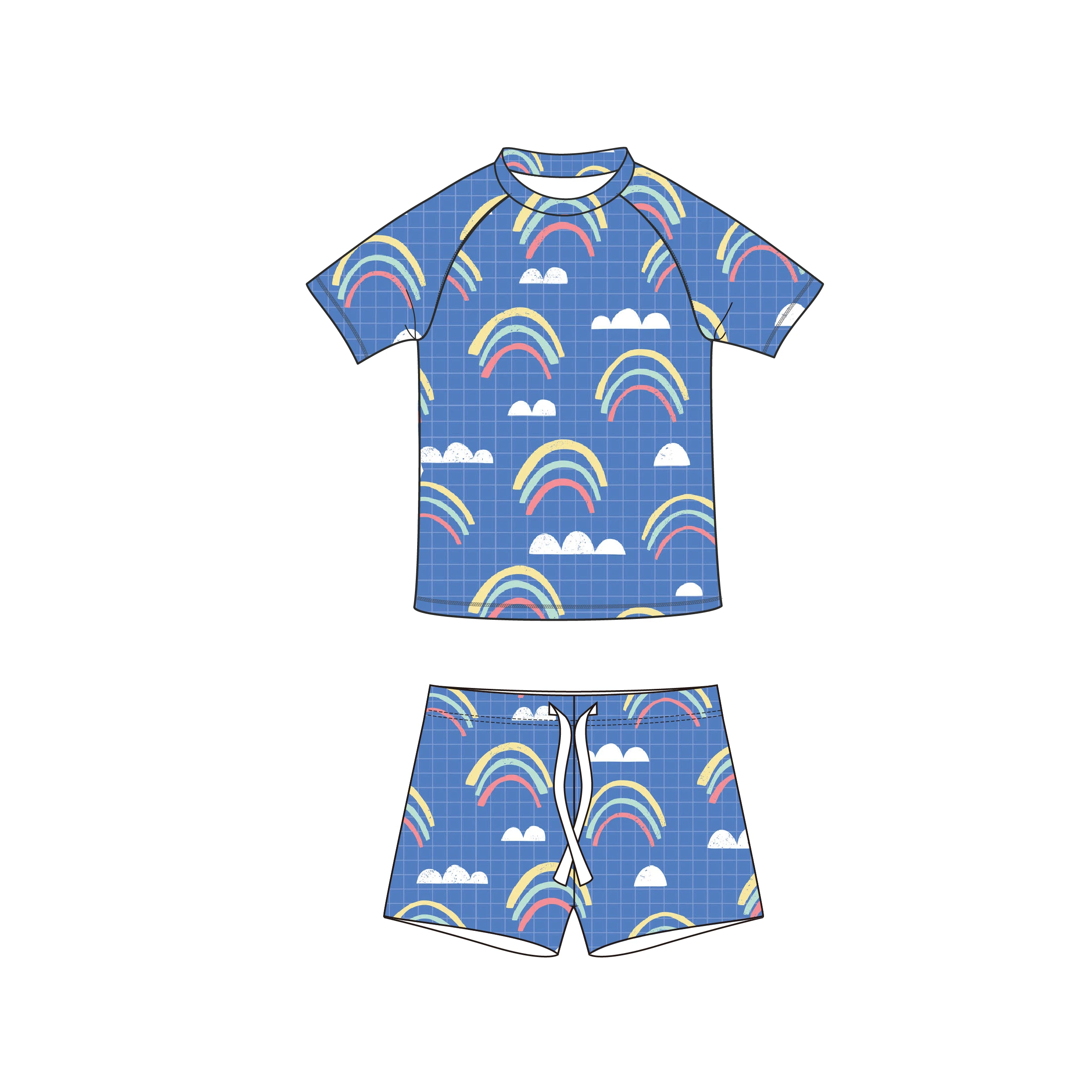 High Quality Custom Checkered Printing Kids Swimsuit Long Sleeved Eco-friendly Little Boy Swimwear