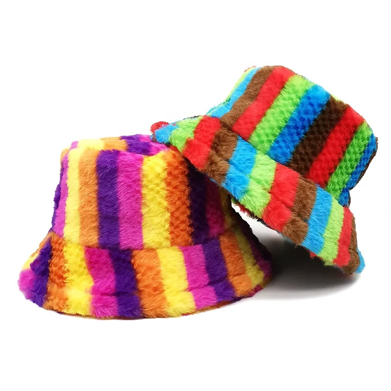 Landfond accessory Rainbow striped rabbit plush fisherman hat women winter thick warm bucket hats