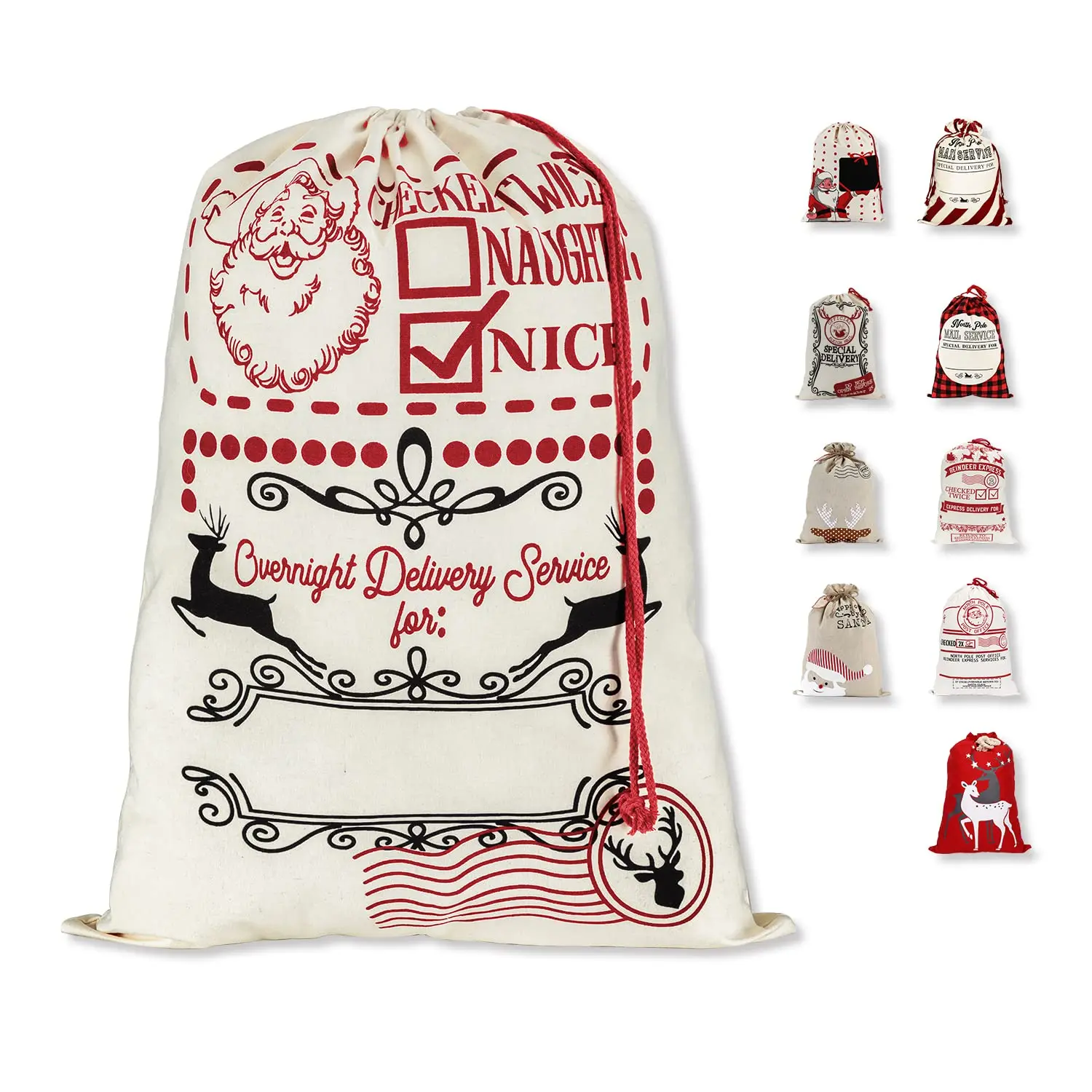 Drawstring Christmas Gift Bag Red and White Pattern Christmas Fabric Bag Various Sizes of Party Gift Bundle Pockets