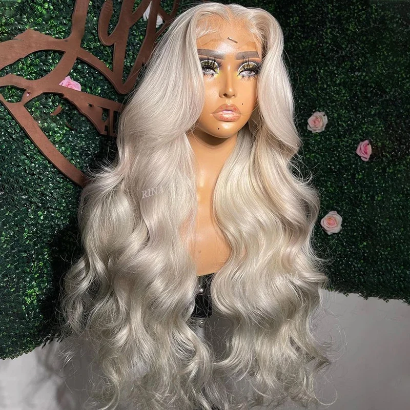 Парик серебристого цвета с прозрачной кружевной передней частью, бразильские натуральные волосы, волнистые натуральные волосы с детскими волосами для женщин