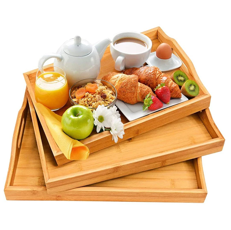 Serving Tray with Handles Wood Bamboo Trays for Food Breakfast Party Tea Coffee Table