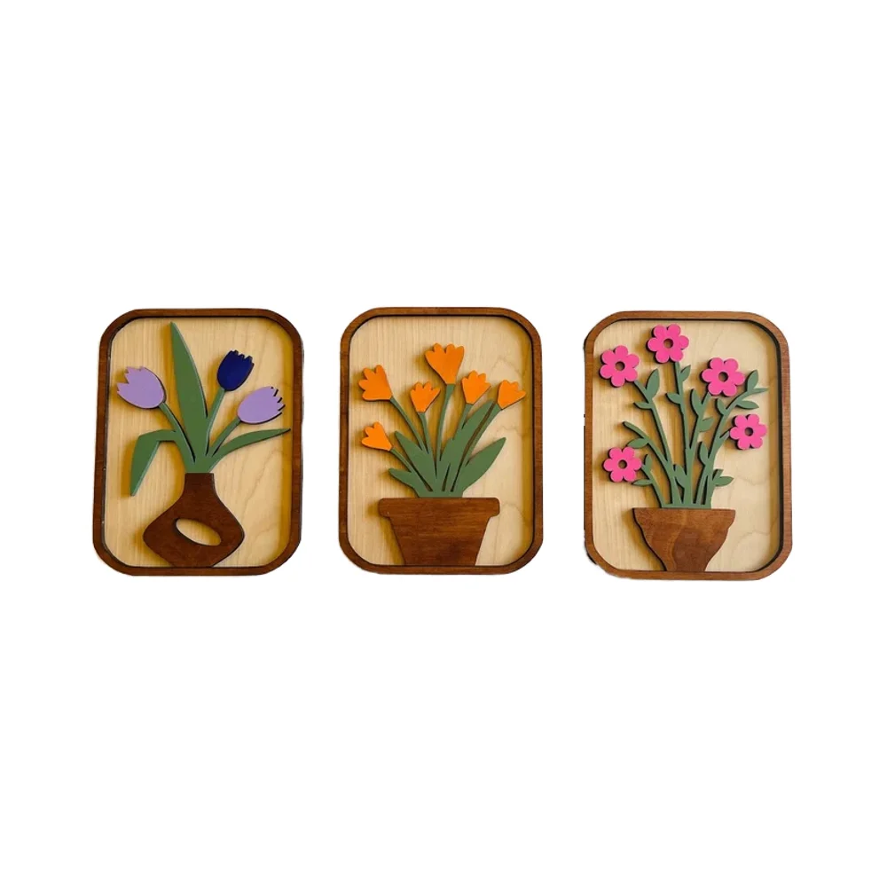Botanical Modern Wooden Flower Wall Art Set Of 3 Home Decor Bathroom Wall Decoration Painted Laser Cut Wooden Wall Art