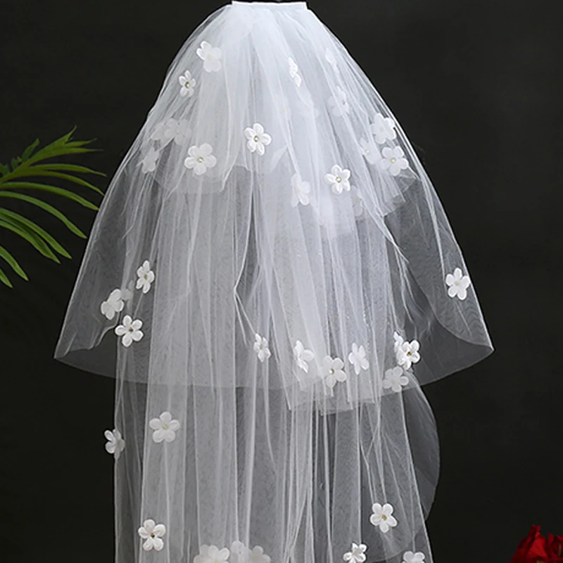 Bridal Veil 3d Flower Pearl Line Cathedral Wedding Veil Ivory Ribbon Comb Long High Quality Veil