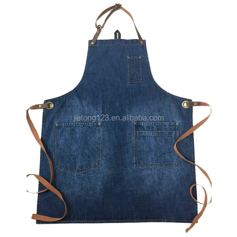 Unisex Long Jeans Apron With criss-cross Back Leather Straps Bartender Leather Denim Baking Cooking Apron