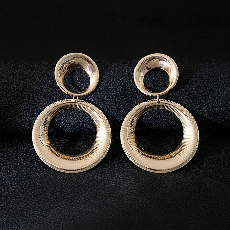 Vintage Large Striped Double Circle Earrings Jewelry Exaggerated Gold Plated Gourd Stud Earrings Women Jewelry