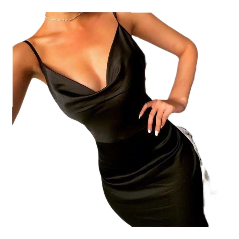 
2021Spring Summer Custom Women Luxury Sexy V- Neck Sling Prom Dress For Mature Women Fashion Black Sleeveless Evening Dress 