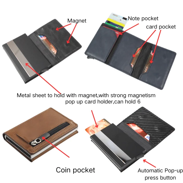 RFID Blocking Pop Up Aluminum Case Credit Cards Holder PU Leather Cards Wallet