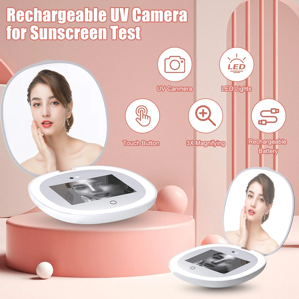 Foldable Smart UV Makeup Mirror Portable Rechargeable Travel Compact UV Camera LED Mirror For Sunscreen Test
