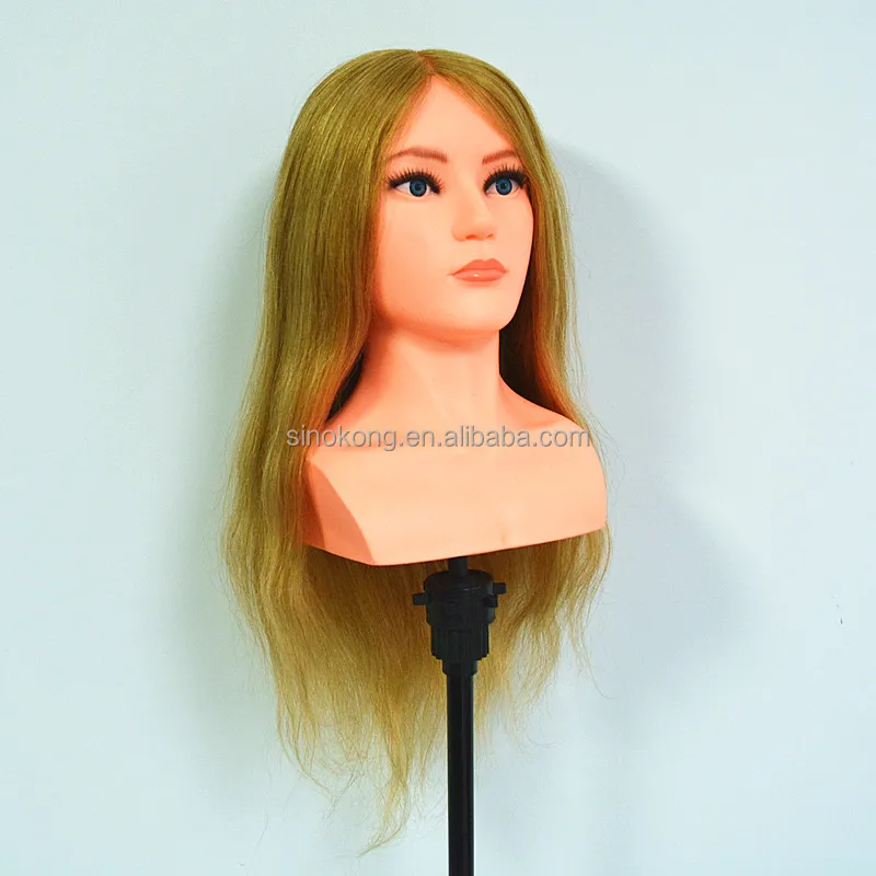 Wholesale Gold color eyelase natural hair training mannequin head with shoulder for hairdressers