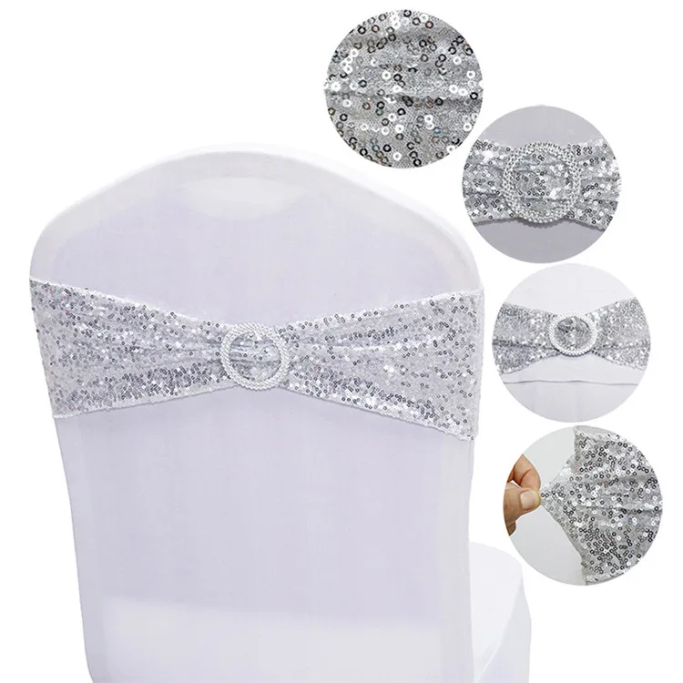 Cheaper silver Sparkle Wedding Party Banquet Sequin Stretch  Chair Sash Cover Band
