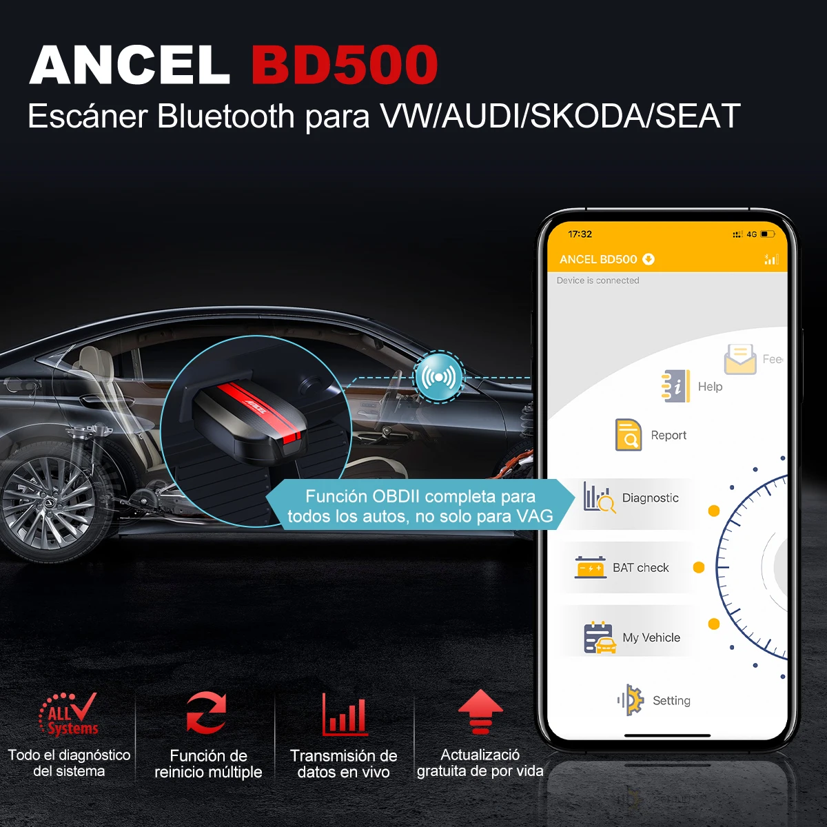 ANCEL BD500 OBD2 Car Diagnostic Tools Professional Code ReaderEPB Service Throttle Learning For VAG Vehicles OBD2 Auto Scanner