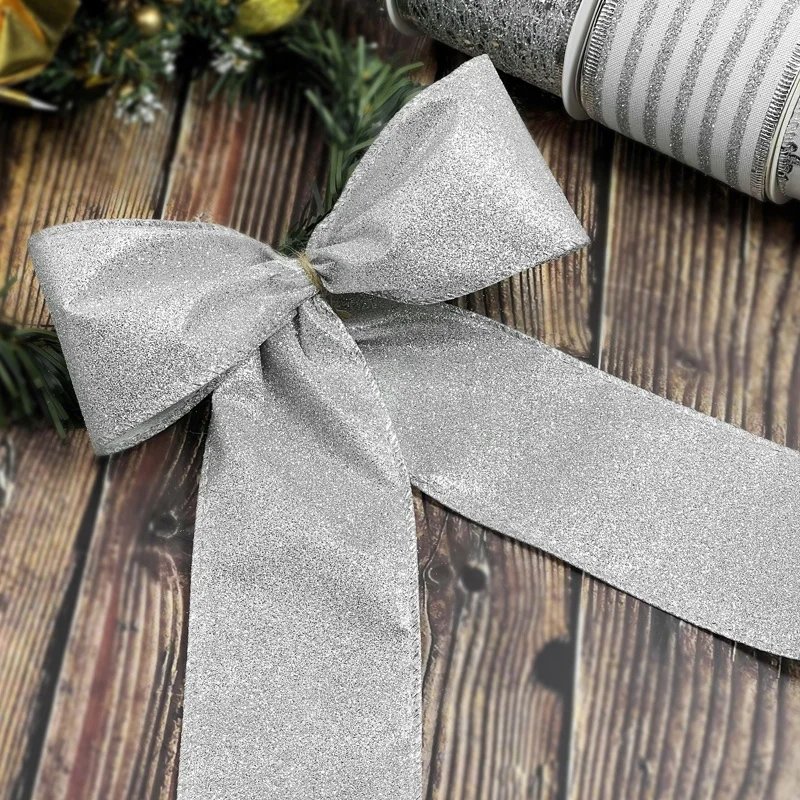 Silver glitter 2.5 inch Christmas black wired ribbon for gift wrapping Christmas tree decoration