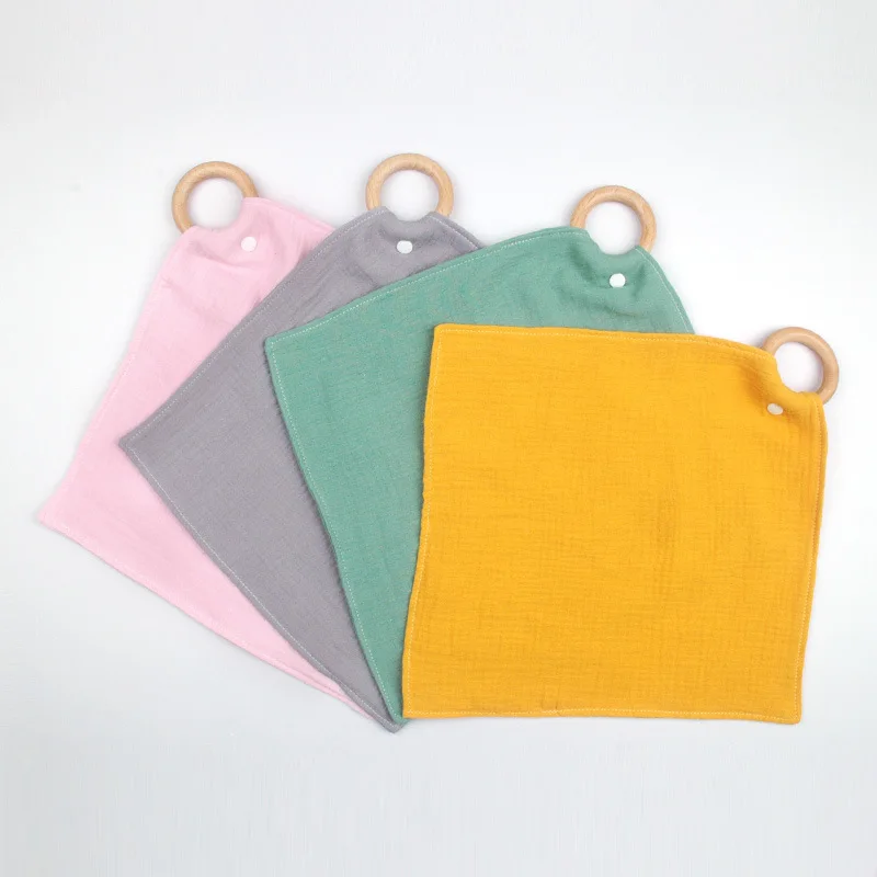 Custom organic cotton terry towel pack of 6 solid color muslin baby burp cloths washcloth with wood ring OKOTEX supplier