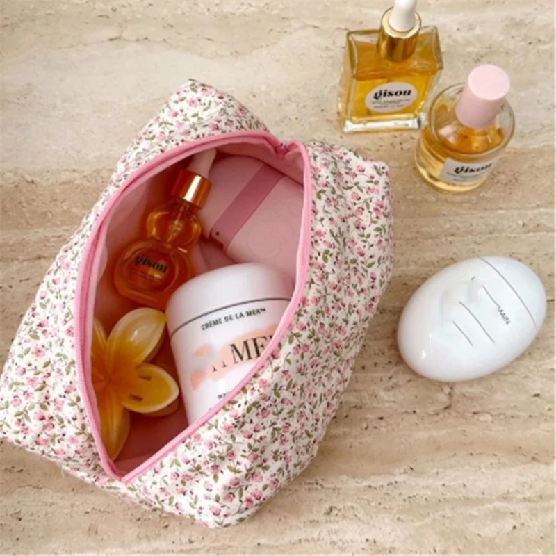 RTS Floral Terry Cloth Towel Cosmetic Bag Women Makeup Brush Bag Cherry Travel Storage Bag