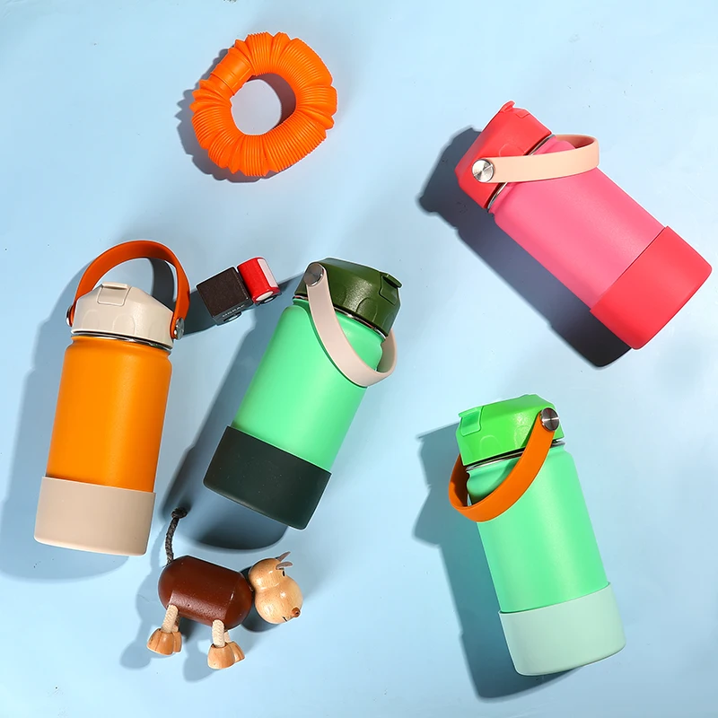 14oz Stainless Steel Kids Water Bottle Tumbler Thermos Mug Thermal Water Bottle with Straw Double Wall Vacuum Tumbler Leakproof