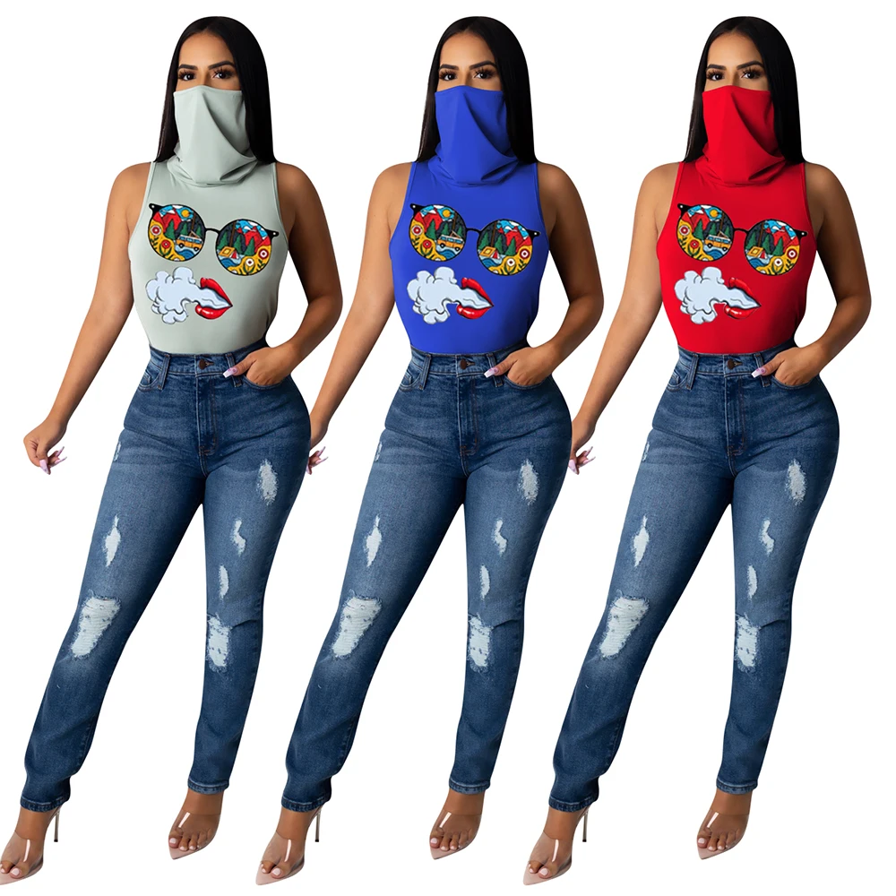 
Ladies Sleeveless Short T-shirt Printing High Nech T-shirt 
