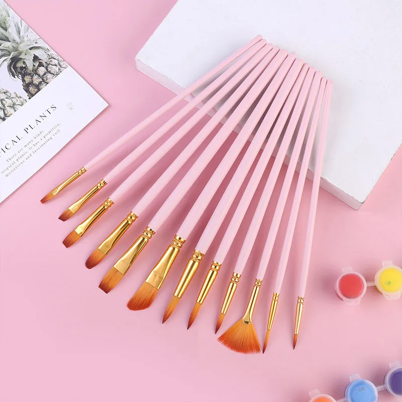 Wholesale Artist Nylon Wooden Handle Watercolor Pens For Art Painting 12-Piece Brush Set