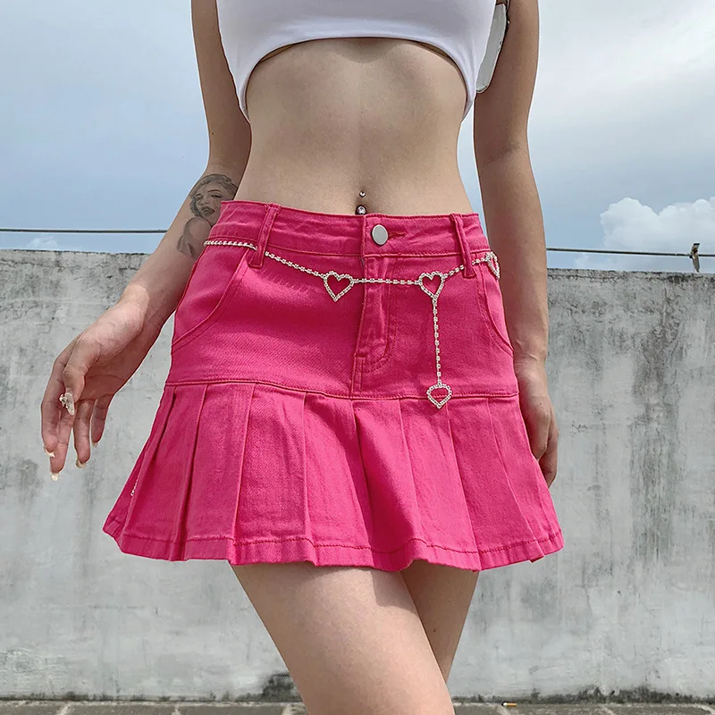 Casual and Slim-fit Mini Denim Skirt with Single-line Pleated for Women Jeans Mini Skirt