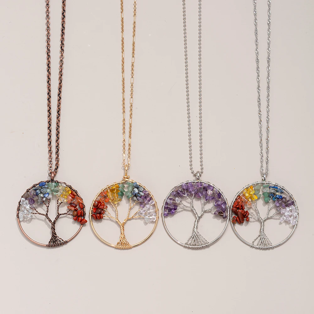 Hot Selling Fashion Natural Stone Crystal Necklace Handmade Ancient Tree of Life Curved Tree Necklace Jewelry