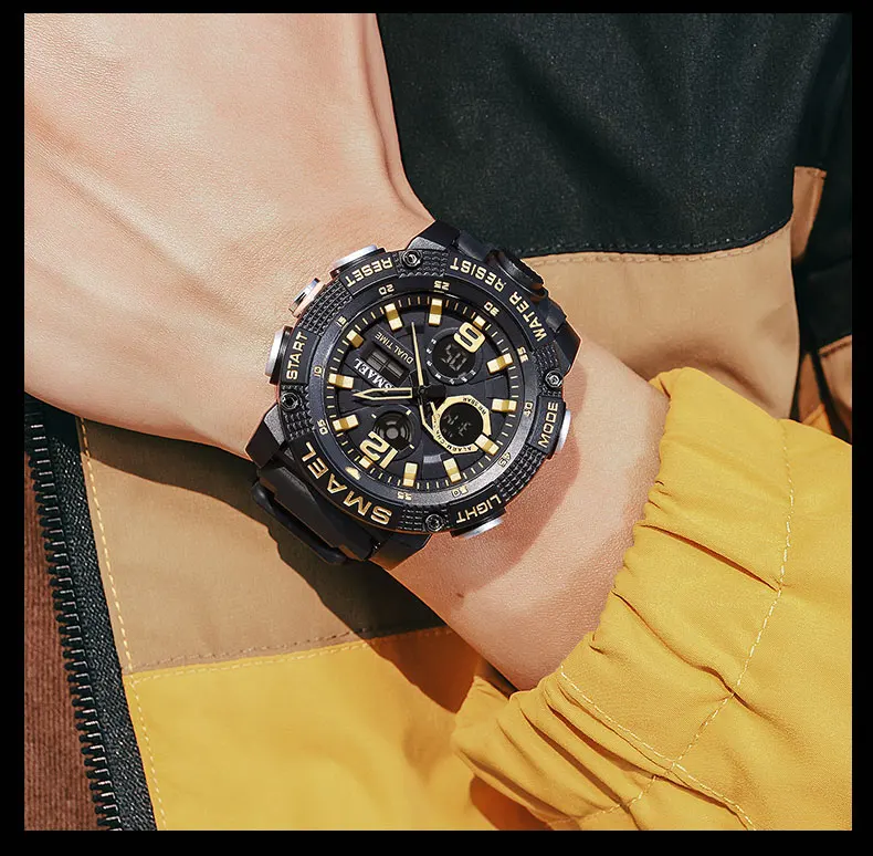 SMAEL 8039 LED Digital Shock Men Analog Quartz Black Gold Electronic Wrist Watch Masculino Waterproof Plastic Sports Watch