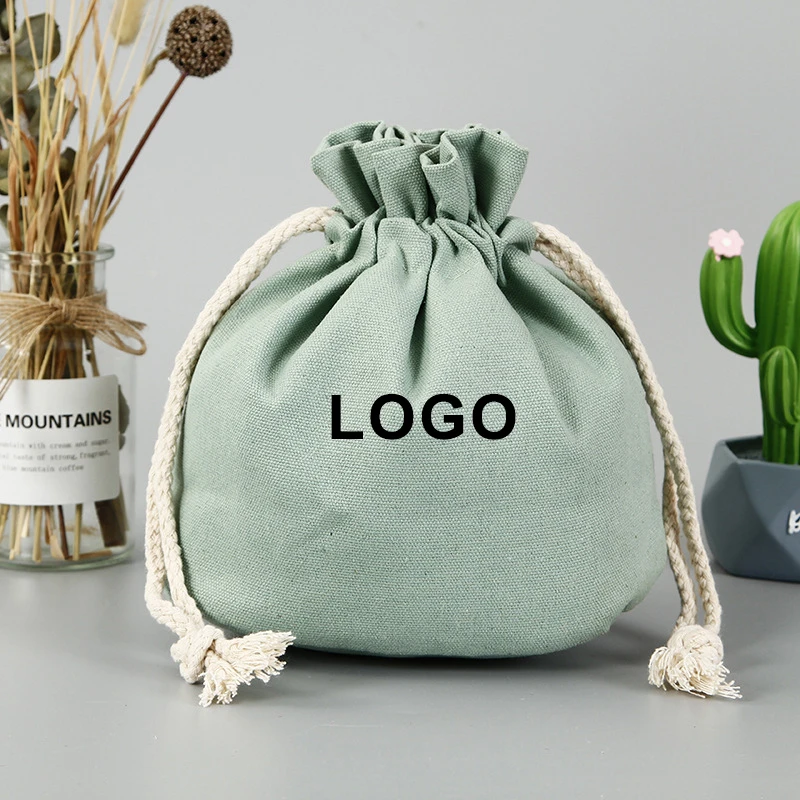 Recyclable Custom Logo Small Large Round Bottom Organic Natural Green Cotton Bag For Storage Double String Pouch Dust Bag