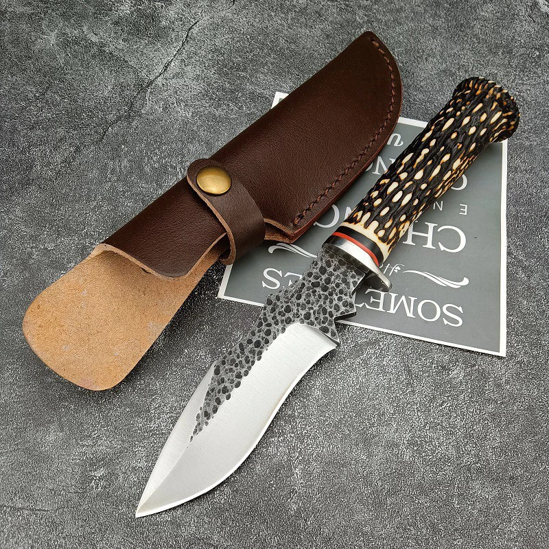 Outdoor Utility Wilderness Hunting Kitchen High Hardness Damascus Pattern Pocket Knife With Leather Sheath forging